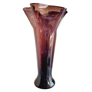 Vintage Mid Century Modern Tall Amethyst Glass Vase 14" Fluted Ruffled Top